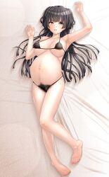 anetani_kiki areola_slip barefoot big_breasts bikini black_bikini black_hair blush excessive_pubic_hair female female_only full_body happy_trail idolmaster idolmaster_shiny_colors linea_nigra long_hair looking_at_viewer mayuzumi_fuyuko micro_bikini on_back on_bed pregnant pubic_hair solo veiny_belly veiny_breasts yellow_eyes