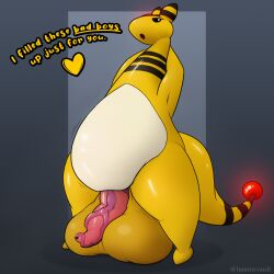 1:1 2022 abstract_background absurd_res ampharos animal_genitalia anthro balls belly big_balls big_belly big_penis digital_media_(artwork) genitals glowing grey_background half-erect heart hi_res huge_balls hyper hyper_balls hyper_genitalia hyper_vein looking_at_viewer luminsvault male mammal nintendo nude open_mouth overweight penis pokémon_(species) pokemon pokemon_(species) potbelly presenting seductive simple_background simple_eyes solo striped_body stripes tapering_penis text vein veiny_penis video_games yellow_body yellow_skin