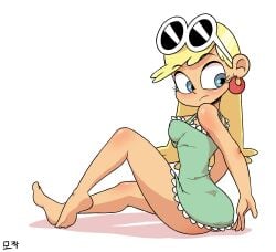 1girls anonymouse ass barefoot blonde_female bottomless breasts dress earrings feet female female_focus female_only full_body fully_clothed leni_loud looking_down nickelodeon signature sitting solo solo_female solo_focus sunglasses_on_head the_loud_house thighs tight_clothing white_background