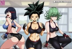 2022 3girls ass big_breasts booty_shorts breasts crossover dragon_ball dragon_ball_super earrings female female_only franfuentesart2 gloves kefla kill_la_kill matoi_ryuuko multiple_girls one-punch_man sports_bra tatsumaki thick_thighs thighs tomboy weights yoga_pants