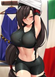 1girls armpits bare_midriff blue_dress blush breasts brown_hair cropped_legs edit female female_focus female_only final_fantasy final_fantasy_vii italian_flag italian_senate_hack large_breasts legs_together long_hair meme partially_clothed red_eyes shirt_up shorts shorts_under_skirt skirt_down solo sports_bra standing sweat tagme thick_thighs thigh_gap tifa_lockhart tight_shorts tony_guisado undressing