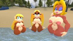 3d 3girls anthro blonde_female breast_grab breasts candy_kong dixie_kong donkey_kong_(series) hips huge_breasts large_breasts looking_at_viewer monkey monkey_girl multiple_girls nintendo nipples nude nude_female open_mouth open_smile pussy rareware smile source_filmmaker thick_thighs thighs tiny_kong wide_hips