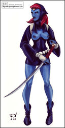 armed blue blue_skin breasts english_text female final_fantasy final_fantasy_tactics hair long_hair looking_at_viewer marvel milf mutant mystique nipples red_hair solo straight_hair sword text topless uncensored vp weapon white_eyes x-men x-men_evolution