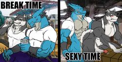 2013 abs anal anal_sex anthro balls biceps big_muscles blue_dragon blue_scales blush break_time canine claws clothing color cum dragon erection fur furry gantetsu gay hentist horn husky male muscles nipples no_humans nude pecs penetration penis reptile ryuga_takagi scalie sex smile vein worker