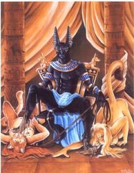 1boy 2girls anubis bast deity egyptian_mythology goddess monster monster_girl mythology nightmare_waifu public_domain sekhmet