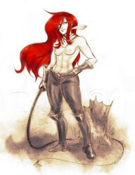 abs calamity_jane female gauntlets hand_on_hip jane_canary knee_boots long_hair neckerchief nipples psudonym red_hair shirtless sketch soft_shading solo tagme the_legend_of_calamity_jane topless topless_female unzipped_pants whip white_skin