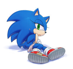 ass beige_skin black_nose blue_fur blue_hair closed_mouth clothes clothing color embarrassed exposed_torso female female_only footwear fur furry_ass furry_ears furry_tail gloves green_eyes hair handwear hedgehog karlo mostly_nude open_eyes panties pointy_ears rule_63 shoes socks solo sonic_(series) sonic_the_hedgehog sweat tail white_background