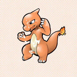 beige_skin blue_eyes blush charmeleon claws color cum doneru fire male male_only nintendo nude open_eyes orange_skin penis pokémon_(species) pokemon pokemon_(species) pokemon_rgby solo standing tail tail_fire