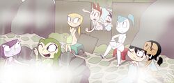 alien_girl black_eyes black_hair blonde_hair blue_hair blush brad_carbunkle brit_crust caught cleavage fish_girl green_hair green_skin gynoid hot_spring human jenny_wakeman long_hair melody_locus misty_(mlaatr) my_life_as_a_teenage_robot nickelodeon nude_female onsen peeping purple_hair red_hair short_hair smooth_skin soap steam steamy tammy_(mlaatr) teenager thegalen tiff_crust towel towel_around_waist tuck_carbunkle twintails xj-9