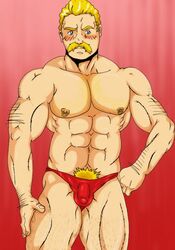 1boy abs banana_hammock bara blonde blonde_hair blue_eyes blush blushing body_hair bulge capcom chest_hair eagle_(street_fighter) facial_hair gold_piercing hairy hairy_arms hairy_chest hairy_legs hairy_male hand_on_leg human human_only light light_skin male male_chest male_focus male_only moustache muscle muscles muscular muscular_male nipple_piercing nipples pecs pierced_nipples pose posing pubic_hair red_background red_underwear six_pack solo solo_focus solo_male source_request speedo standing street_fighter topless underwear underwear_only