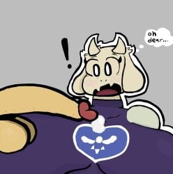 anthro big_breasts big_penis bodily_fluids boss_monster bovid breasts caprine clothing cum delta_rune_(emblem) female genital_fluids genitals goat hi_res huge_breasts hyper hyper_breasts male male/female mammal outline penis sassy_dolly shocked solo symbol thought_bubble toriel undertale undertale_(series) video_games white_outline