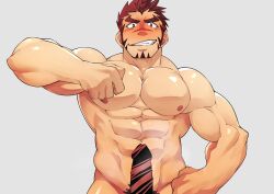 1boy abs akashi_(live_a_hero) bad_id bad_twitter_id bar_censor bara blush censored completely_nude cowboy_shot erection facial_hair goatee hidora_art highres large_pectorals live-a-hero long_sideburns looking_at_viewer male_focus muscular muscular_male nipples nose_blush nude pectorals precum red_eyes red_hair scar scar_on_face scar_on_nose seductive_smile short_hair sideburns smile solo steam stomach teeth