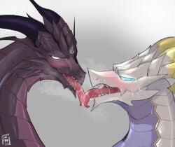 ambiguous_gender bahamut_(dragalia_lost) blush bodily_fluids cygames dragalia_lost dragon duo elysium_(dragalia_lost) exsys feral french_kissing glowing glowing_eyes grey_background hi_res horn kissing nintendo reptile saliva scalie simple_background sweat tears tongue tongue_out video_games western_dragon