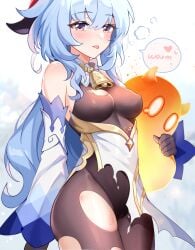 1girls :p amber_eyes bell big_breasts big_thighs blue_hair blush breasts closed_mouth cow_bell curvy dogface english_text erect_nipples erect_nipples_under_clothes eyebrows_visible_through_hair female female_focus ganyu_(genshin_impact) genshin_impact hug hugging large_breasts long_hair pyro_slime_(genshin_impact) ripped_clothing scratches skindentation slime speech_bubble standing text tongue tongue_out wide_hips