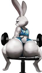 anthro ass barbell big_butt bottomwear bubble_butt butt_focus clothed clothing coal-heart disney exercise_clothing female fjesus fur grey_body grey_fur half-closed_eyes hotpants huge_butt huge_thighs judy_hopps lagomorph leporid long_ears looking_at_viewer looking_back mammal narrowed_eyes rabbit rear_view scut_tail shirt short_shorts shorts simple_background sitting skimpy smile solo tank_top thick_thighs topwear weight_bench weights white_background wide_hips zootopia zootropolis