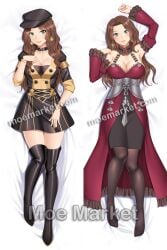 1girls armband armpits breasts brown_hair choker cleavage dakimakura detached_sleeves dorothea_arnault dress earrings female_only fire_emblem fire_emblem:_three_houses garreg_mach_monastery_uniform green_eyes grin hat large_breasts long_hair looking_at_viewer moe_market nintendo on_back on_bed post-timeskip pre-timeskip ring skirt smile solo