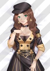 1girls armband breasts brown_hair choker cleavage dakimakura dorothea_arnault earrings female_only fire_emblem fire_emblem:_three_houses garreg_mach_monastery_uniform green_eyes grin hat large_breasts long_hair looking_at_viewer moe_market nintendo on_back on_bed ring skirt smile solo