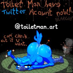 2022 advertisement after_sex animal_humanoid annoyed anthro ass ass_up avian avian_humanoid big_butt bird_humanoid black_background blue_body blue_breasts blue_butt blue_hair bodily_fluids breasts brick_floor butt_tattoo cum cum_on_butt cum_on_ground digital_media_(artwork) feathers female genital_fluids gesture glistening glistening_butt green_floor hair humanoid inflation low_res lying meme nude on_front orange_text pixel_art scat side_boob signature simple_background solo sparkles spotlight tail_feathers tattoo text thumbs_up toilet toilet_man tweetfur twitter