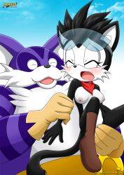 1boy 1girls ambiguous_consent archie_comics bbmbbf big_the_cat both_eyes_closed eyes_closed fingering furry hershey_the_cat larger_male looking_pleasured male medium_breasts mobius_unleashed palcomix sega sonic_(series)