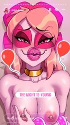 1girls accelart condom condom_in_mouth condom_mouth_application female_only instagram long_hair miss_heed_(villainous) nipple_piercing nipples photo pink_hair pink_skin villainous