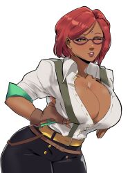 arc_system_works beauty_mark brazilian brazilian_female cleavage cosplay dark-skinned_female dark_skin female female_only final_fantasy final_fantasy_xiv giovanna_(guilty_gear) gloves guilty_gear large_breasts lifting_breasts lipstick milf mole mole_on_breast mole_under_mouth open_shirt original_character pants purple_eyes red_hair roegadyn skullworms soothing_ruby square_enix suspenders wink winking winking_at_viewer