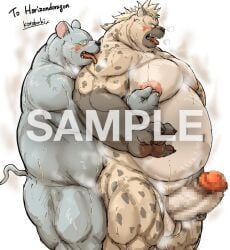 2022 anthro balls belly blush bodily_fluids censored distracting_watermark duo erection genitals grope_from_behind humanoid_genitalia humanoid_hands humanoid_penis hyaenid kemono kotobuki male male/male mammal moobs murid murine nipples obese obese_male overweight overweight_male penis rat rodent sample sex sweat tongue tongue_out watermark