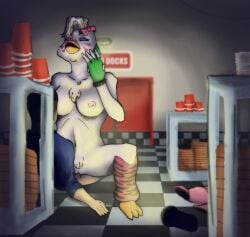 animatronic anthro big_breasts chicken clothed clothed_male clothed_male_nude_female clothes_on_floor clothes_removed cup door earrings female five_nights_at_freddy's five_nights_at_freddy's:_security_breach flashlight glamrock_chica_(fnaf) kitchen kitchen_appliance male nude nude_female partially_clothed pink_nipples pizza_box plates robot scottgames triangle_earrings unknown_artist vinnette white_body white_fur white_hair white_skin