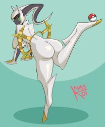 anthro arceus ass big_ass big_breasts female female_only furry goddess gold gold_(metal) green_eyes legendary_pokémon legendary_pokemon misskoi pokémon_(species) pokeball pokemon pokemon_legends:_arceus red_eyes white_body