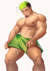 1boy abs bara black_hair blank_background blush blush_lines blushing bulge chin_beard cum cum_in_clothes cum_on_legs cum_through_clothes cum_through_shorts dark-skinned_male dark_skin erect erection erection_under_clothes facial_hair feet_out_of_frame goatee green_and_black_hair green_eyes green_hair green_shorts hidora_art highres human human_only japanese_text large_pectorals looking_down male_focus male_only mature_male multicolored_hair muscular muscular_male nipples no_male_underwear pectorals peeking short_hair shorts sideburns simple_background solo solo_focus solo_male standing stomach taurus_mask testicle_peek text thick_thighs thighs tokyo_afterschool_summoners topless_male translated translation_request two-tone_hair white_background