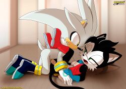 1boy 1girls archie_comics bbmbbf furry hershey_the_cat holding_hands legs_on_shoulders looking_at_another male missionary_position mobius_unleashed palcomix sega silver_the_hedgehog sonic_(series)