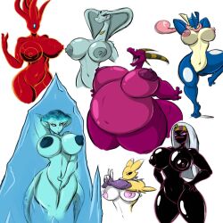 2018 alien anthro arms_in_front bandai_namco bartok_the_magnificent belly big_belly big_breasts black_body black_skin blue_body blue_skin breasts cartoon_network closed_eyes covering covering_crotch crossover dark_queen_oriale digimon digimon_(species) don_bluth dragon duck_dodgers fat fat_woman female female_only fur greninja group hands_behind_back hands_on_hips hi_res horn looney_tunes ludmilla_(bartok) marine martian martian_(duck_dodgers) multiple_girls multiple_images navel nintendo nipples nude ocarina_of_time one_leg_up open_mouth pink_body pokémon_(species) pokemon pokemon_(species) princess_ruto queen_tyr'ahnee raised_leg red_body renamon reptile scales scalie shinysteel smile smirk snake spread_arms the_legend_of_zelda video_games viral_(tmnt) warner_brothers white_background zora