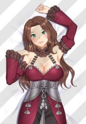 1girls armpits breasts brown_hair choker cleavage dakimakura detached_sleeves dorothea_arnault dress earrings female_only fire_emblem fire_emblem:_three_houses green_eyes large_breasts long_hair looking_at_viewer moe_market nintendo on_back on_bed post-timeskip skirt smile solo