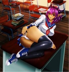 1girls angerox ass books breasts brown_eyes cameltoe classroom color colored female female_focus female_only hand_on_ass horns legs_together lipstick lying_on_table medium_hair on_side painted_nails panties pantyshot pink_hair pleated_skirt pointy_ears school_desk school_uniform shoes sneakers tagme thighhighs thighs unknown_character