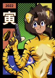 1girls 2022 black_hair blue_eyes breasts cosplay dark-skinned_female dark_skin digital_media_(artwork) female firearm gun gunsmith_cats handgun human kurumilover nipple_bulge rally_vincent see-through short_hair weapon year_of_the_tiger