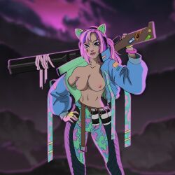 beauty_mark blue_eyes breasts cat_ear_headphones cr1tikal gloves grenade gun jacket_open neon_lights penguinz0 pink_fingernails pink_hair plaster skynut wrist_cuffs youtube