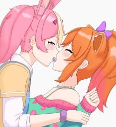 2girls ale_131 anime_onegai blue_tongue blush closed_eyes dengeki_onegai female_only hair_ornament horns kissing latam_virtual_youtuber looking_down nina_amaki open_mouth orange_hair pink_eyes pink_hair ponytail rabbit_ears racoon_ears saliva sara_akari simple_background tongue_out two_tone_hair virtual_youtuber yuri