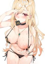 1girls absurdres bead_bracelet beads big_breasts bikini black_bikini blonde_hair blush bracelet breasts closed_mouth condom condom_in_mouth condom_wrapper ear_piercing earrings fang_qiao female female_only floral_print gyaru highres jewelry kitagawa_marin large_breasts long_hair long_nails looking_at_viewer mouth_hold nail_polish nipples one_eye_closed pendant piercing red_eyes ribs side-tie_bikini simple_background solo solo_female sono_bisque_doll_wa_koi_wo_suru sweat swimsuit white_background