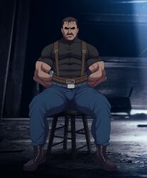 1boy bara daddy fullmetal_alchemist hands_behind_back king_bradley male male_only moustache muscle muscles muscular penis_under_clothes restrained ryans suspenders tied_hands tight_clothes tight_clothing tight_pants tight_shirt veins