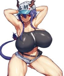 alternate_breast_size alternate_costume arknights armpits arms_behind_head arms_up baseball_cap big_breasts blue_hair ch'en_(arknights) ch'en_the_holungday_(arknights) dragon_girl dragon_horns dragon_tail horns huge_breasts kneeling melon22 midriff muscular muscular_female red_eyes short_hair short_shorts shorts swimsuit tail thick_thighs