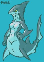 anthro aquatic big_breasts breasts female female_only merfolk muhut scars scars_all_over shark sharp_teeth simple_background solo yellow_sclera