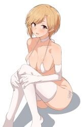 absurdres aiba_yumi bare_shoulders bikini blonde_hair blush breasts brown_eyes choker collarbone elbow_gloves feet_out_of_frame female female gloves halterneck hands_on_own_knees highres idolmaster idolmaster_cinderella_girls knees_up looking_at_viewer medium_breasts micro_bikini open_mouth seihekiog shadow short_hair side-tie_bikini simple_background sitting skindentation solo sweatdrop swimsuit thighhighs white_background white_bikini white_choker white_gloves white_legwear