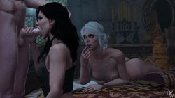 1boy 1boy2girls 2girls 3d bed black_hair blender blowjob boobs breasts candelabra cd_projekt_red ciri fellatio finger_on_lip geralt_of_rivia green_eyes hand_on_head head_grab light-skinned_female necklace scar scar_on_face the_witcher_(series) the_witcher_3:_wild_hunt weebstank white_hair yennefer