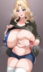 american_flag american_flag_bikini bikini blonde_hair blue_eyes breasts clothes_lift clothing eyebrows_visible_through_hair female flag_print girls_und_panzer grey_background hand_on_own_chest huge_breasts jacket kay_(girls_und_panzer) lactation lactation_through_clothes large_breasts long_hair looking_at_viewer open_clothes open_jacket sakanaaj1 shirt shirt_lift shorts solo standing stockings swimsuit thighhighs