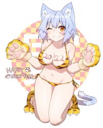 2022 animal_ear_fluff animal_ears animal_hands animal_print bikini blue_hair blush breasts cat_ears cat_tail chinese_zodiac cleavage collarbone eyebrows_visible_through_hair female female gloves groin halterneck happy_new_year highres kneeling large_breasts looking_at_viewer navel new_year one_eye_closed orange_eyes original paw_gloves paw_shoes ryota_tentei scar scar_across_eye scar_on_cheek scar_on_face short_hair shorts side-tie_bikini solo string_bikini swimsuit tail tiger_print tora_tentei year_of_the_tiger