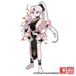 1girls choker dice_clan electricity hand_sign multi_arm multi_limb oc pale_skin patreon_logo red_eyes shawnger unusual_pupils watermark white_hair