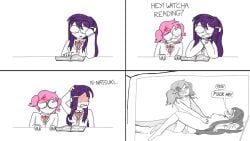 2girls 4_panel_comic 4th_wall_breaking caught deep_blush doki_doki_literature_club english_text female_only lesbian_sex loss manga meta multiple_girls natsuki_(doki_doki_literature_club) pink_hair purple_hair reading surprised_expression text thatguynamedjoe thin_arms yuri yuri_(doki_doki_literature_club)