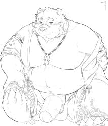 2022 anthro asian_clothing balls belly bonasiah clothing clothing_aside east_asian_clothing full_attack fundoshi fundoshi_aside genitals hi_res humanoid_genitalia humanoid_hands humanoid_penis japanese_clothing kemono male mammal momo_92698 moobs navel nipples overweight overweight_male penis simple_background solo solo_male sophring_jie underwear underwear_aside ursid white_background