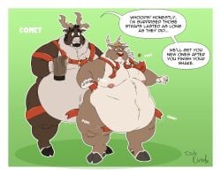 anthro antlers bell belly big_belly capreoline cervid clothing comet_(reindeer) dialogue duly_noted duo harness hi_res hooves horn hyper hyper_belly male male/male mammal morbidly_obese morbidly_obese_male nipples obese obese_male overweight overweight_male reindeer rudolph rudolph_the_red-nosed_reindeer rudolph_the_red_nosed_reindeer shake torn_clothing weight_gain