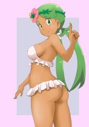 1girls ass bikini breasts eye_contact female green_eyes green_hair looking_at_viewer mallow_(pokemon) nintendo pokemon pokemon_sm sideboob smile solo standing thick_thighs thighs tof twintails