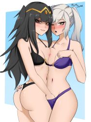 2girls alternate_costume ass bikini black_bikini black_swimsuit blush breast_press breasts breasts_out fire_emblem fire_emblem_awakening fire_emblem_heroes hand_in_panties hand_on_ass looking_at_viewer multiple_girls nintendo nipples o-ring official_alternate_costume purple_bikini purple_swimsuit robin_(female)_(summer)_(fire_emblem) robin_(fire_emblem) robin_(fire_emblem)_(female) swimsuit tharja_(fire_emblem) thighs tsunsune yuri